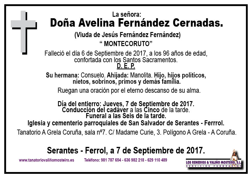 Esquela de Avelina Fernández Cernadas.